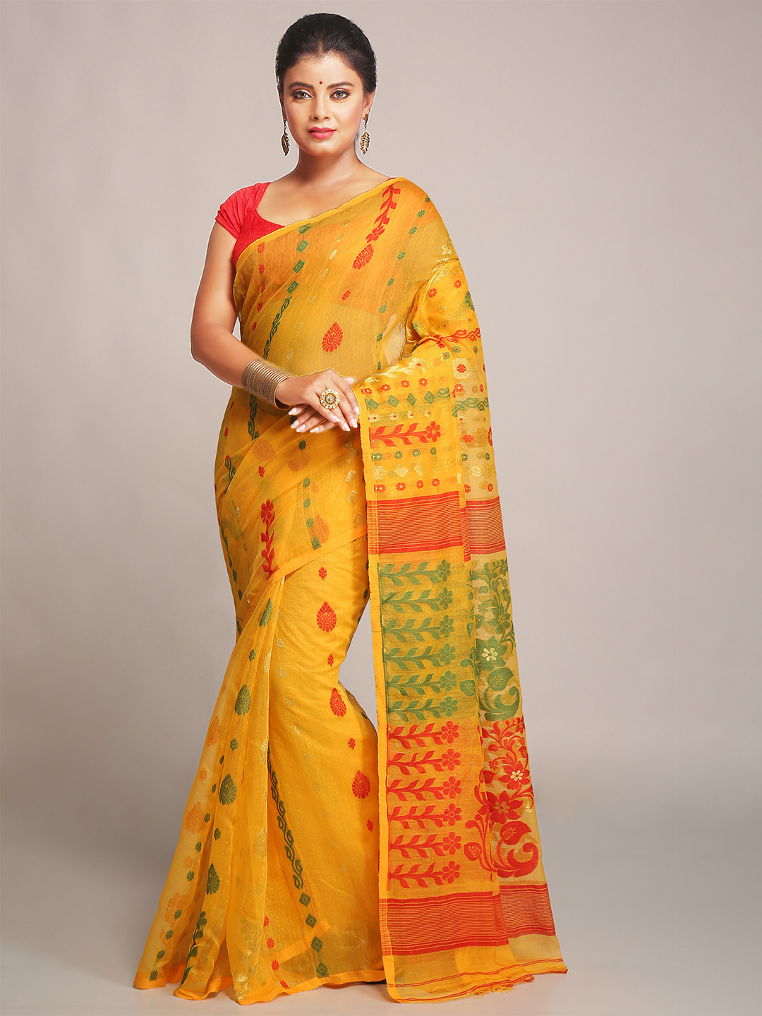 BENGAL HANDLOOM Yellow & Red Woven Design Cotton Silk Jamdani Saree