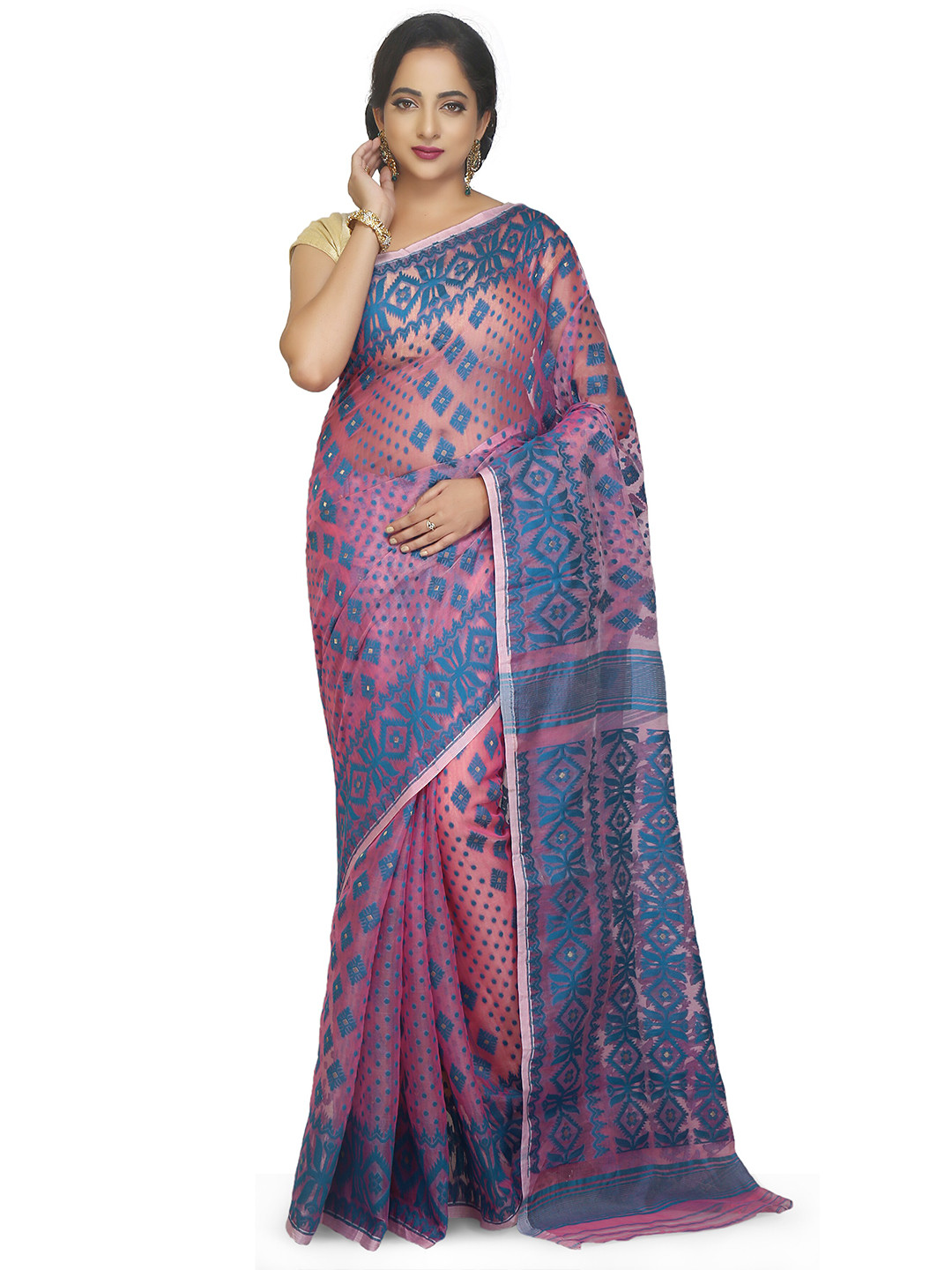 BENGAL HANDLOOM Pink & Blue Woven Design Cotton Silk Taant Saree