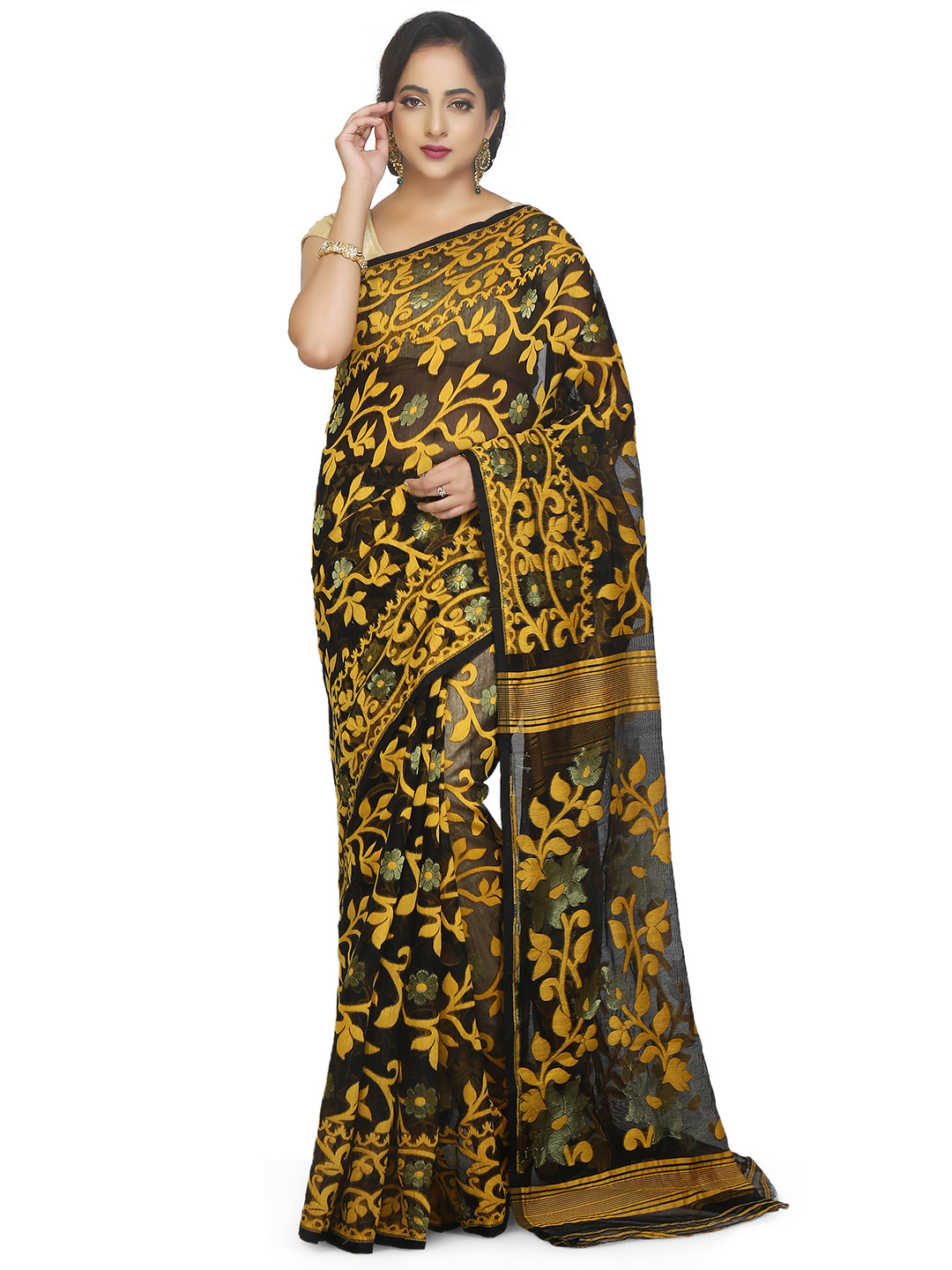 BENGAL HANDLOOM Black & Yellow Ethnic Woven Design Cotton Silk Jamdani Saree