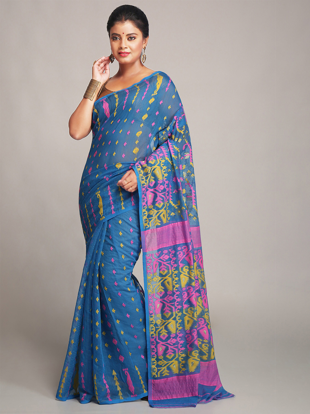 BENGAL HANDLOOM Floral Woven Design Silk Cotton Jamdani Saree