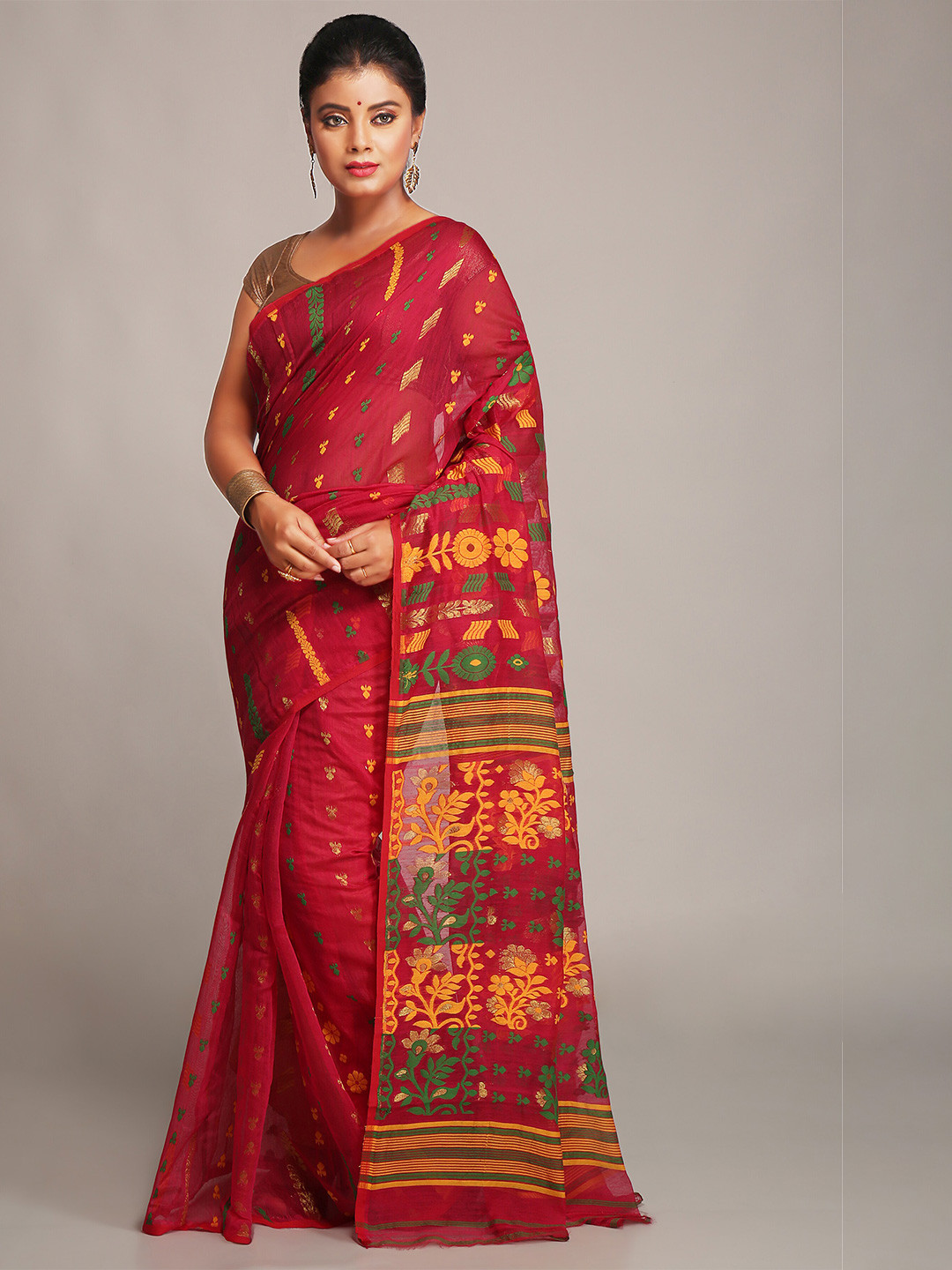 BENGAL HANDLOOM Pink & Yellow Ethnic Woven Design Cotton Silk Jamdani Saree