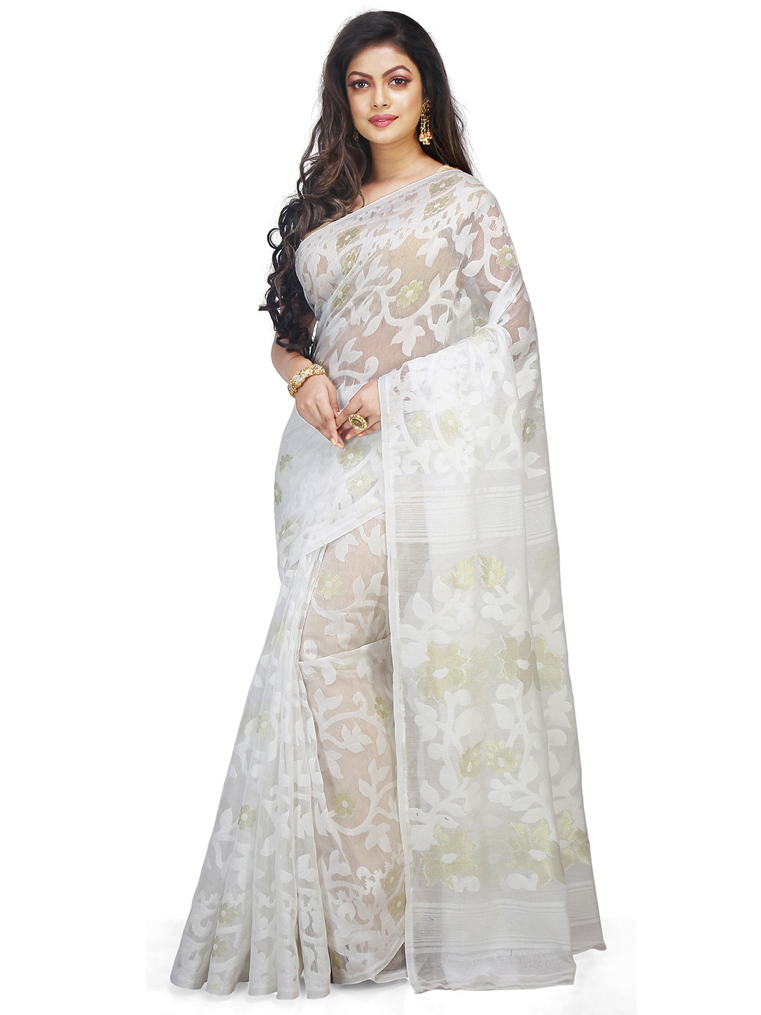 BENGAL HANDLOOM Floral Woven Design Silk Cotton Jamdani Saree