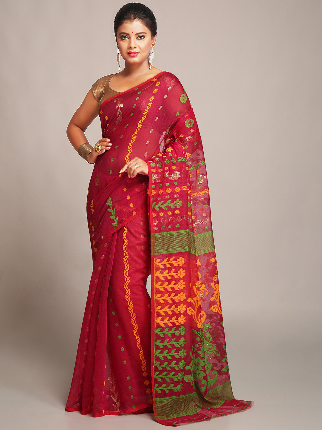 BENGAL HANDLOOM Pink & Green Ethnic Woven Design Cotton Silk Jamdani Saree