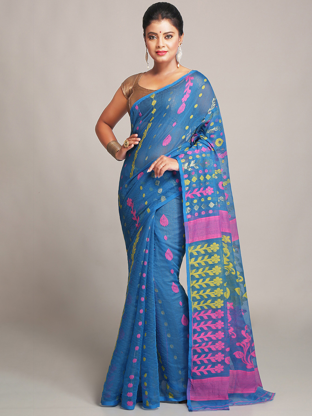 BENGAL HANDLOOM Blue & Pink Woven Design Cotton Silk Jamdani Saree