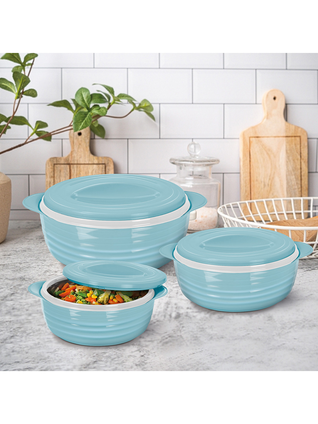 Milton  Aspire Jr. Blue Set Of 3 Inner Stainless Steel Casseroles 370ml, 725ml, 1.18L