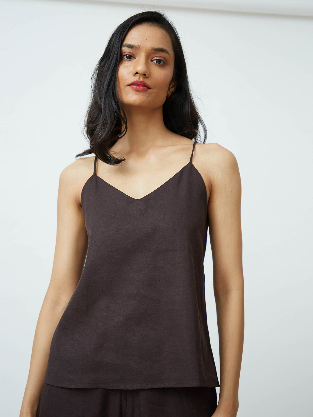 Saltpetre Women Tencel Solid Coffee Brown Slip Top