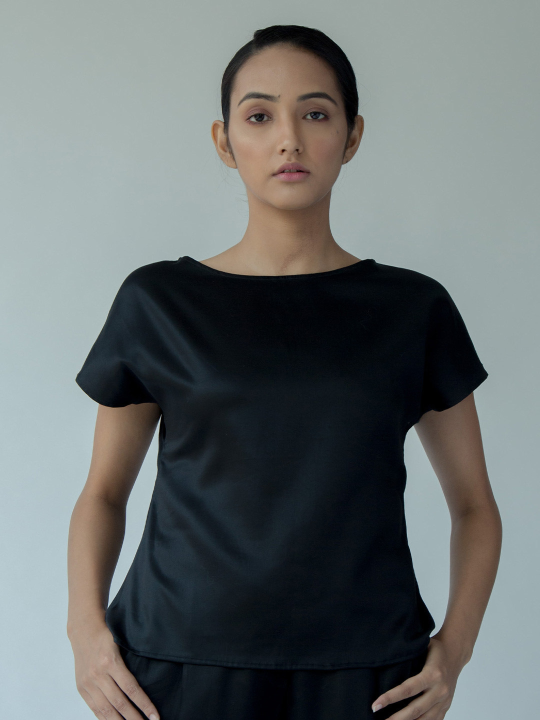 Saltpetre Women Modal Boat Neck Black Top