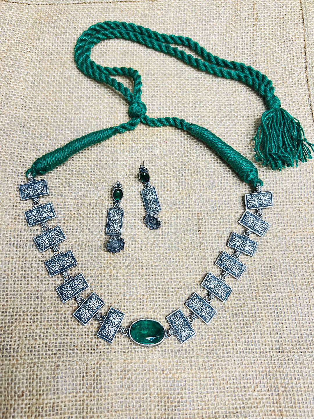 Arte Jewels Sterling Silver Artificial Stones Studded Oxidised Jewellery Set