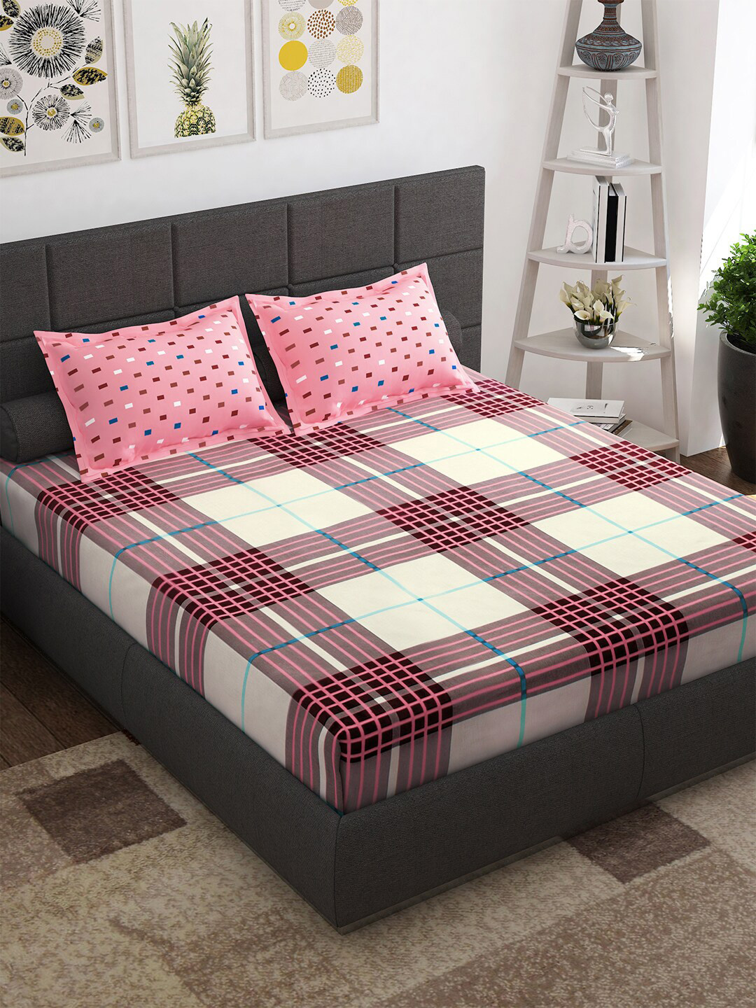 Story@home Maroon Geometric Cotton 144 TC Queen Bedsheet with 2 Pillow Covers-59 x 87 inches