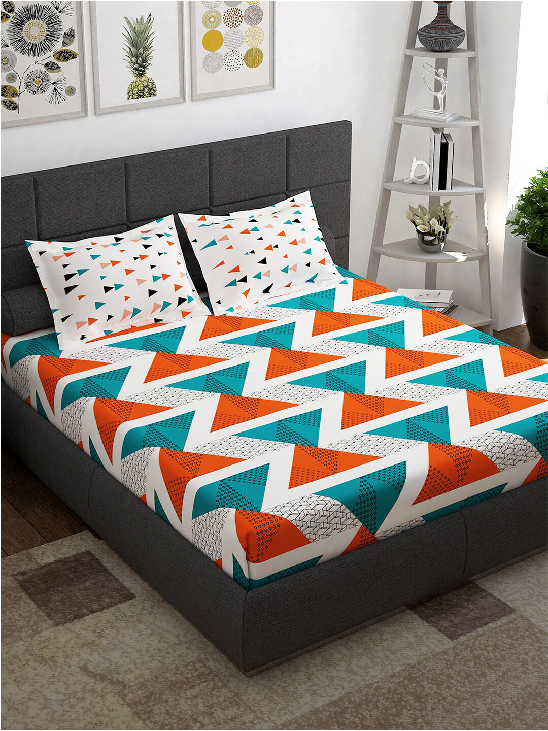 Story@home Teal Orange Pattern Cotton 144 TC Queen Bedsheet with Pillow Covers - 88x100 In