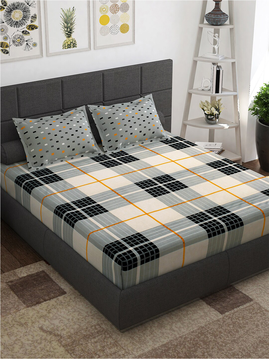 Story@home Grey Checked Cotton 144 TC Queen Bedsheet with 2 Pillow Covers-89 x 98 inches