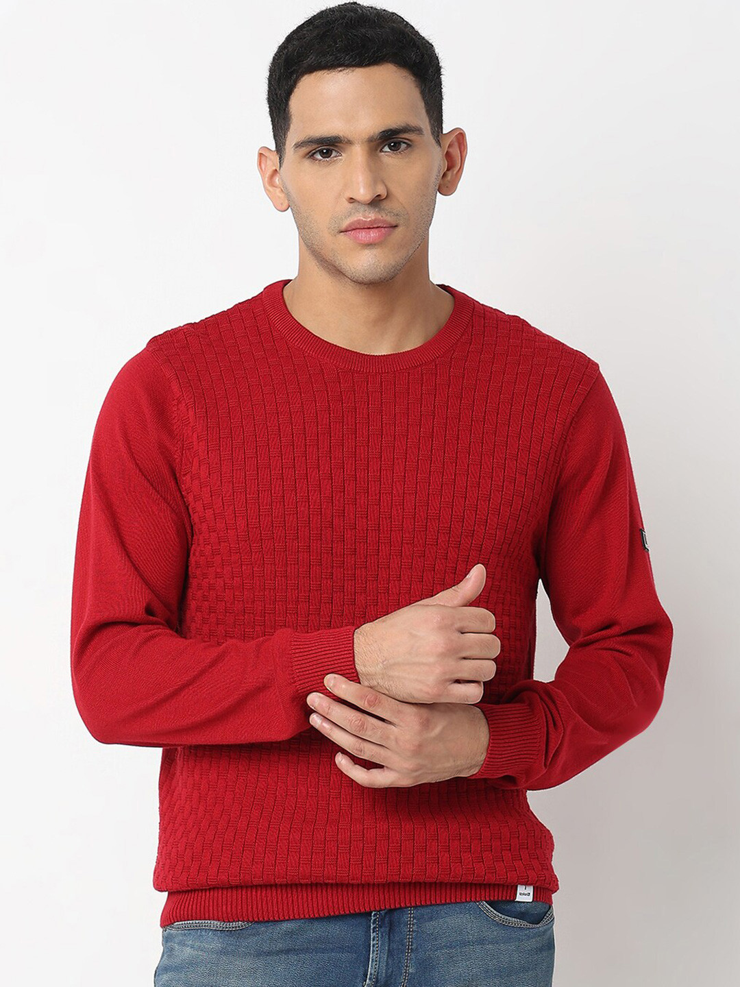 SPYKAR Cable Knit Round Neck Long Sleeves Cotton Pullover Sweater