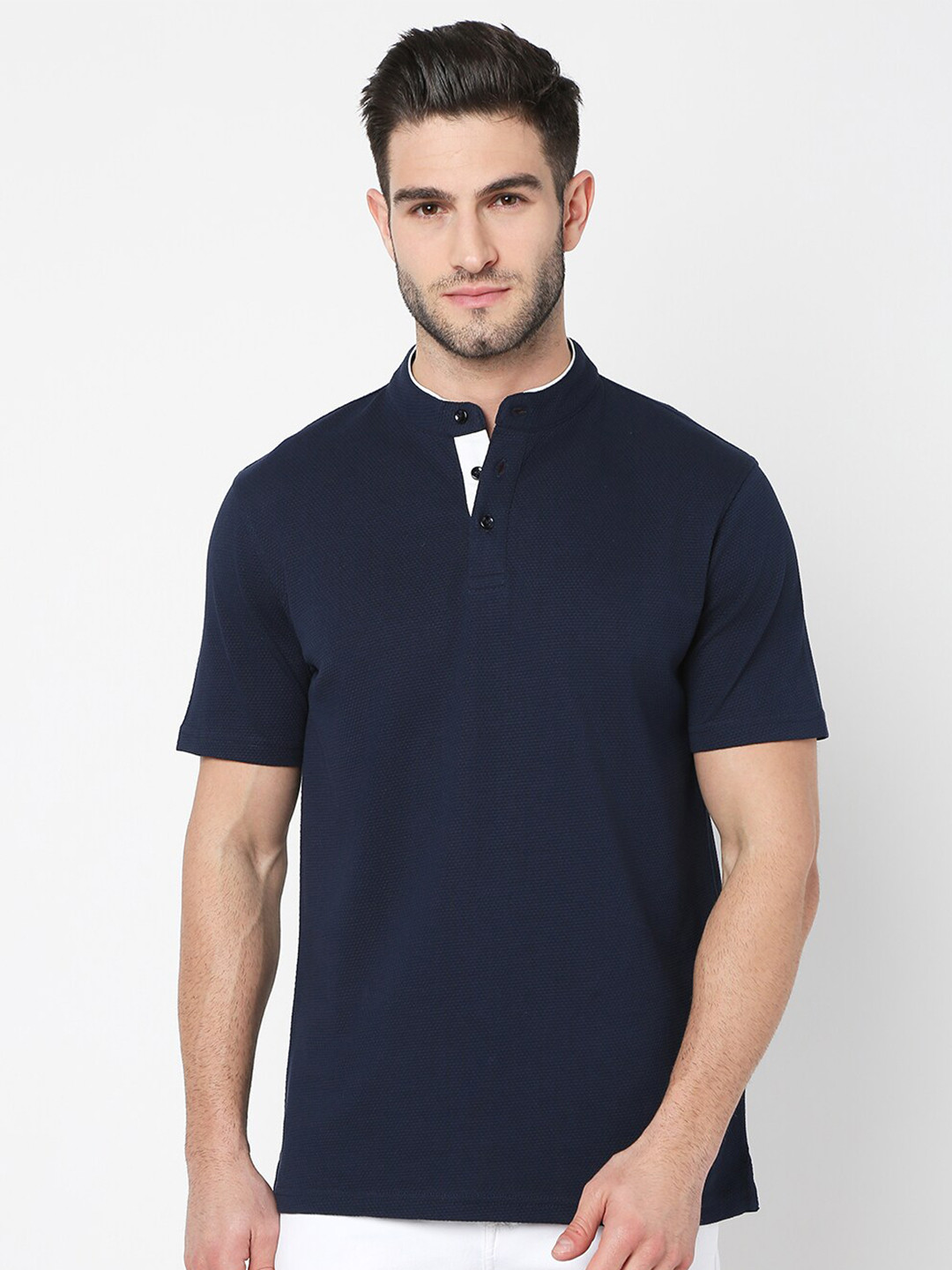 R&B Self Design Band Collar Cotton T-shirt