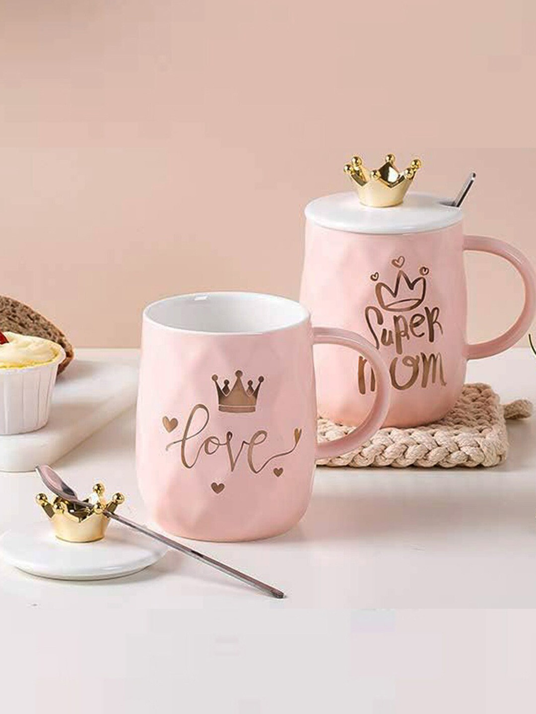 BonZeaL Pink Typography Ceramic Microwave Safe 2 Piece Mug with Lid and 2 Spoon-450ml