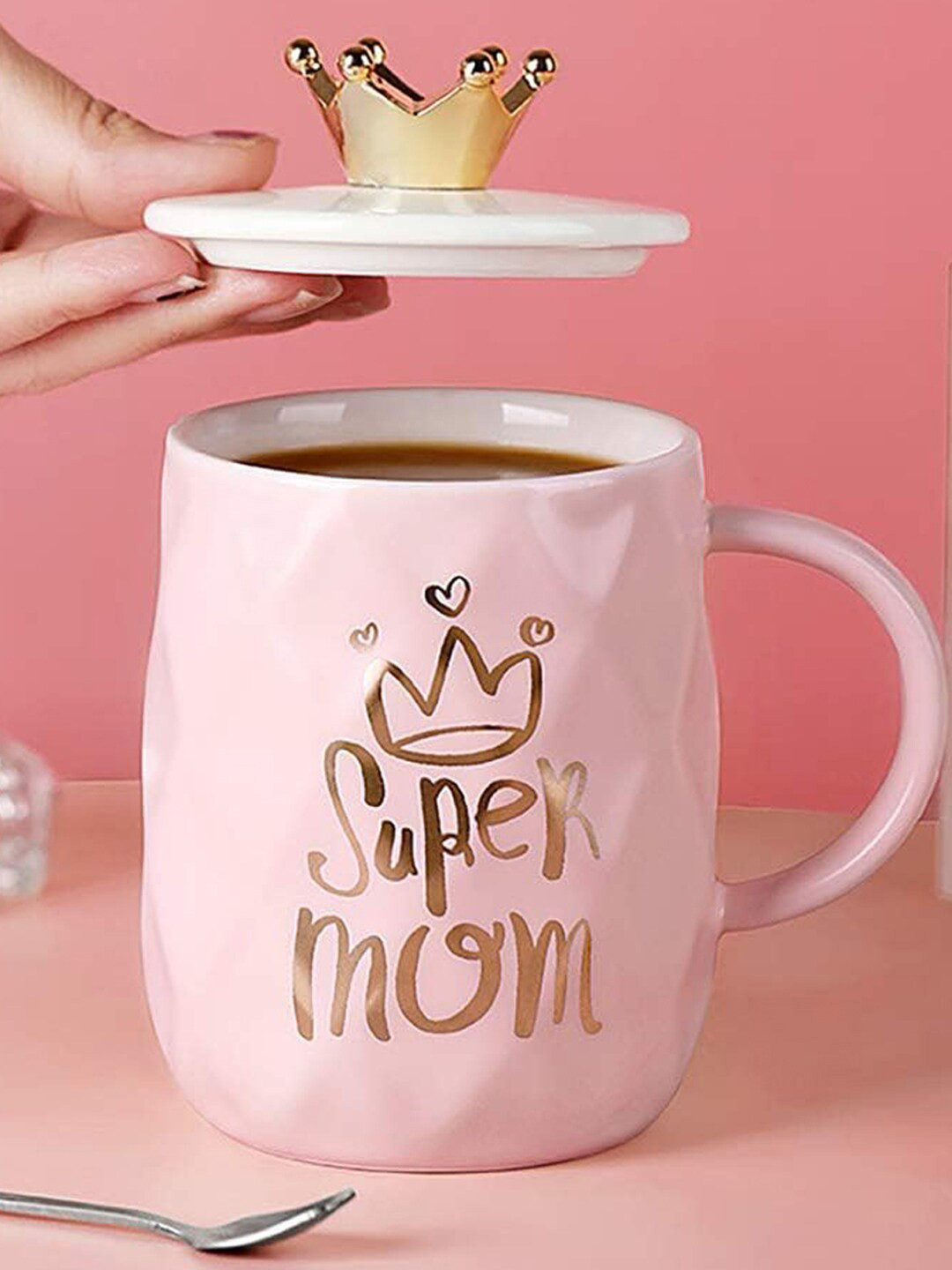 BonZeaL Hearth Collection Queens Fountain Pink Typography Ceramic Microwave Safe Mug with Lid-325ml