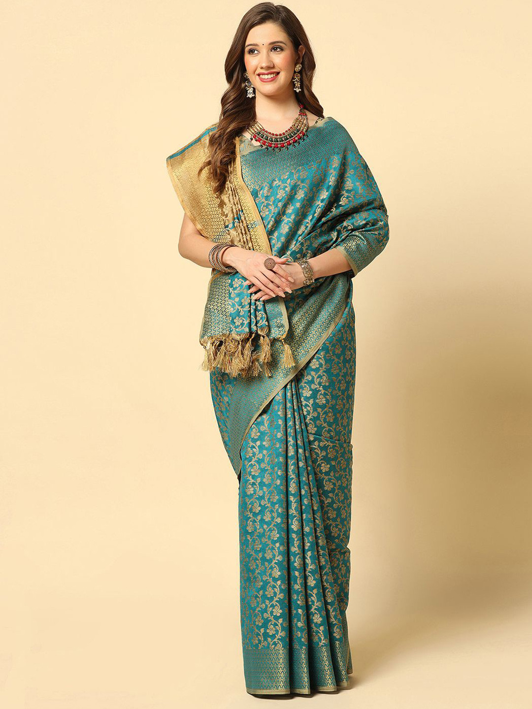 Satrani  Jacquard & Tassel Silk Cotton Fusion Saree