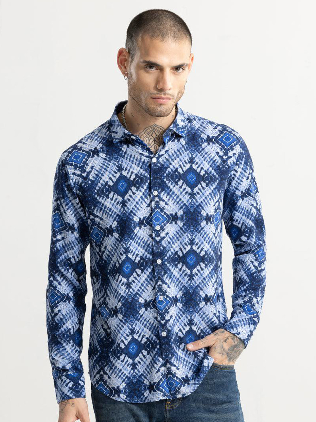 Snitch Blue Classic Slim Fit Abstract Printed Cotton Casual Shirt