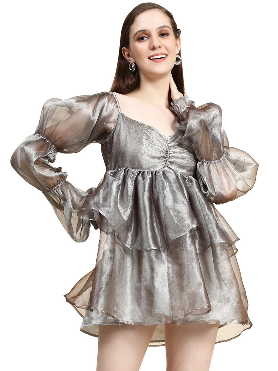 Rujave Sweetheart Neck Puff Sleeve Applique Organza Fit & Flare Dress