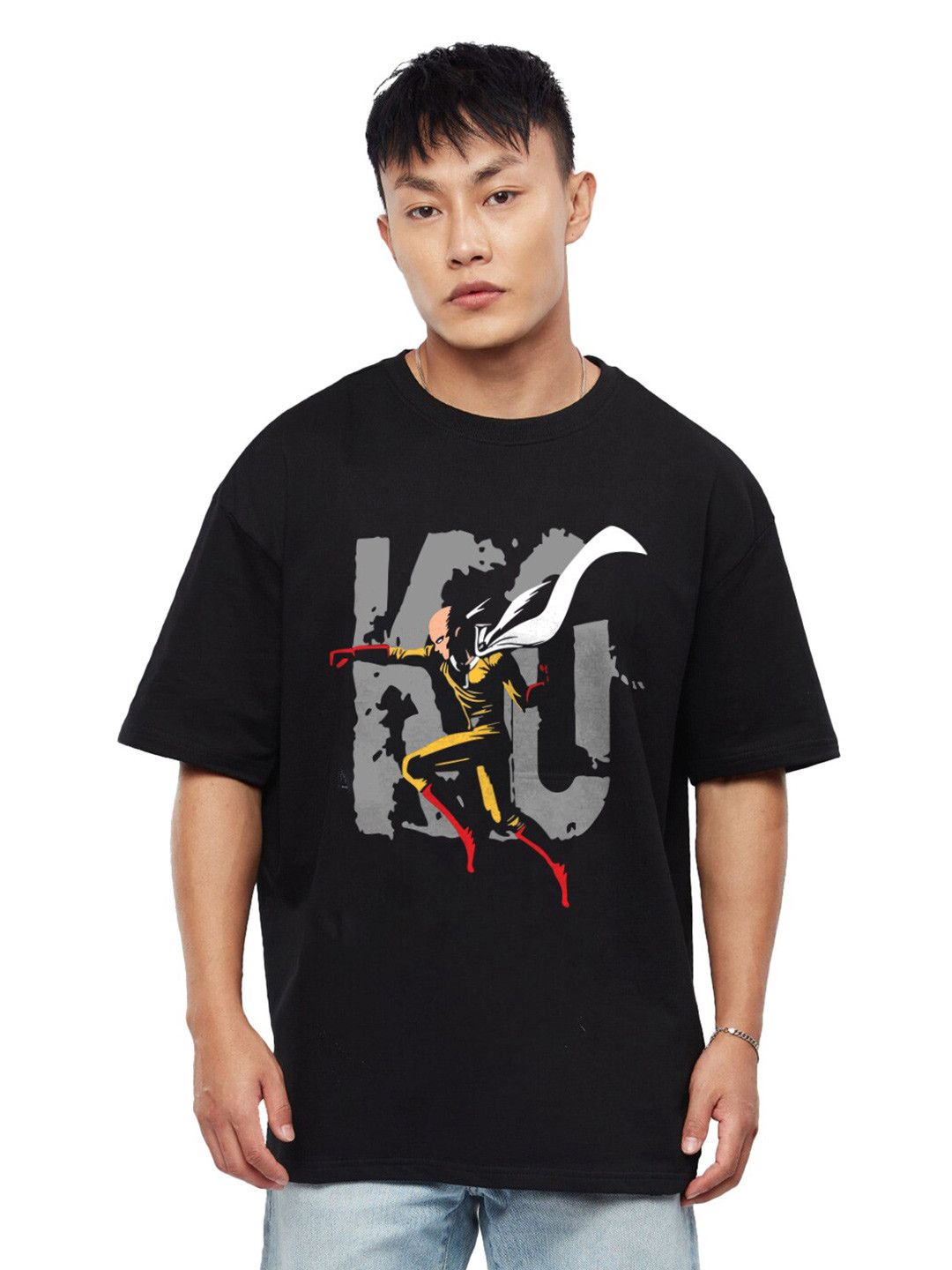 Crazymonk Men One Punch Man Anime Printed Cotton Oversized T-shirt