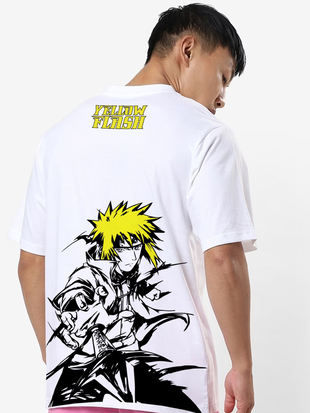Crazymonk Men The Yellow Flash Anime Printed Cotton Oversized T-shirt