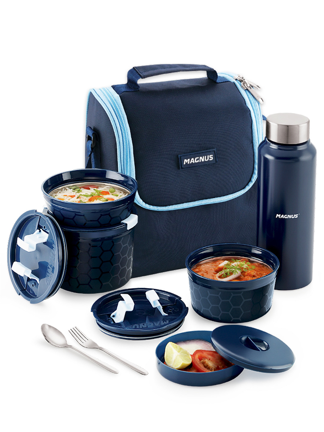 MAGNUS Neo Navy Blue Solid Plastic Microwave Safe 7PCs Lunch Box With Spoon and Fork
