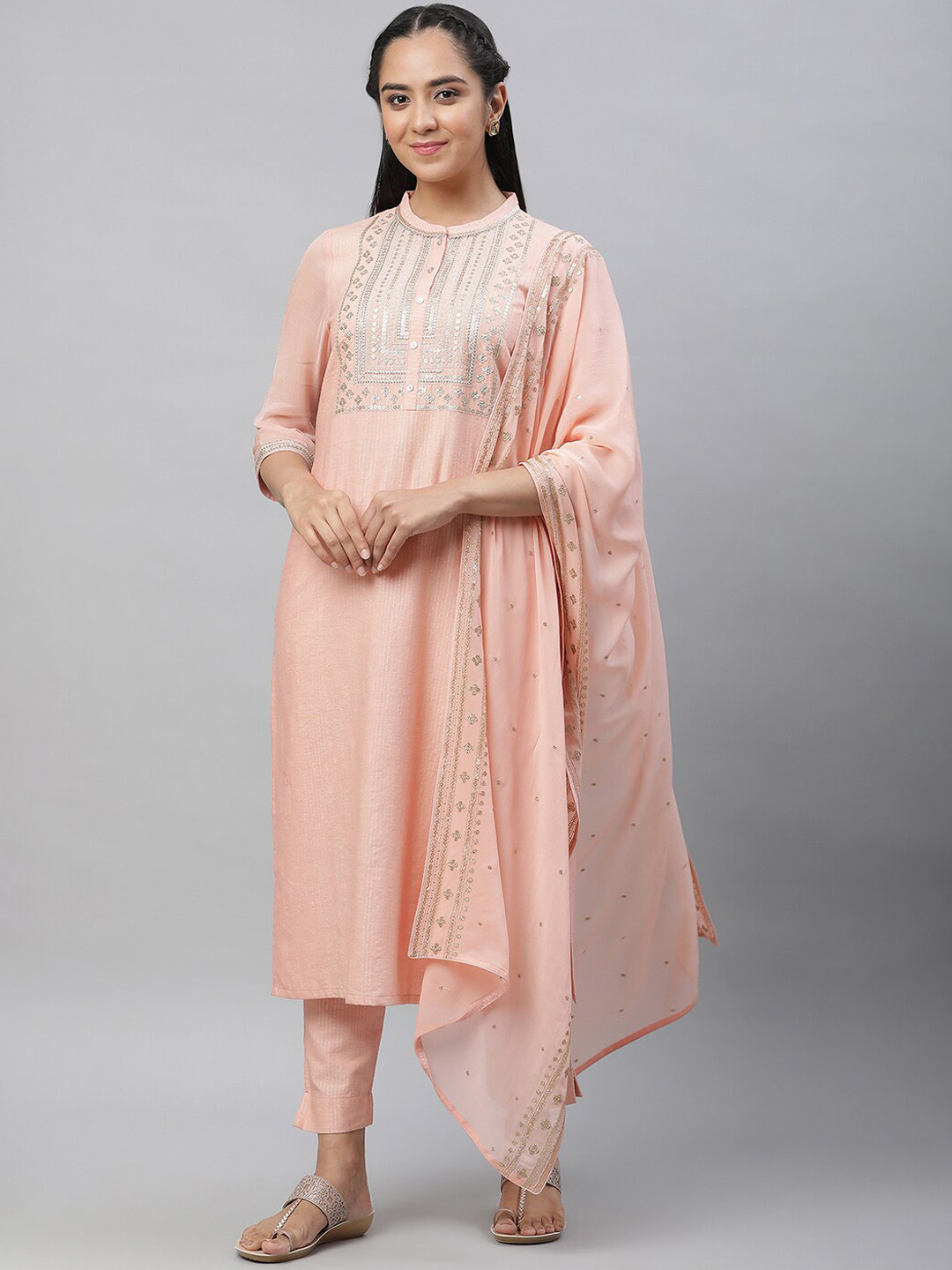 AURELIA Sequinned Pure Band Collar Pure Cotton Kurta With Trousers And Dupatta