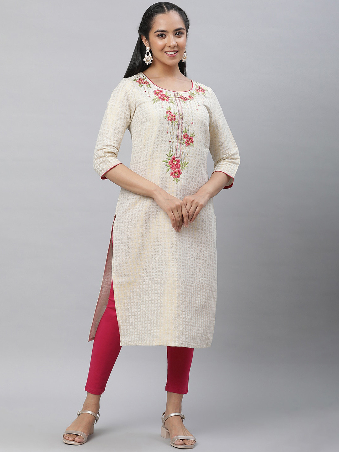 AURELIA Floral Printed Thread Work Round Neck Dyed Straight Kurta
