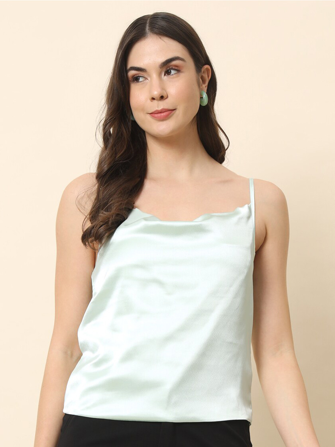 Trend Arrest Green Satin Cowl Neck Sleeveless Top