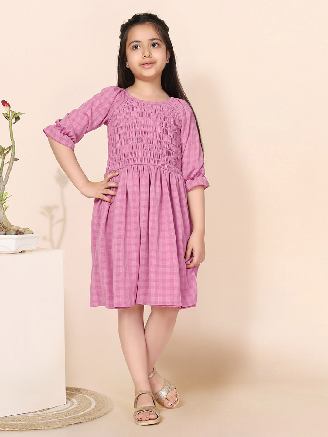 FASHION DREAM Checked Puff Sleeve Fit & Flare Dress