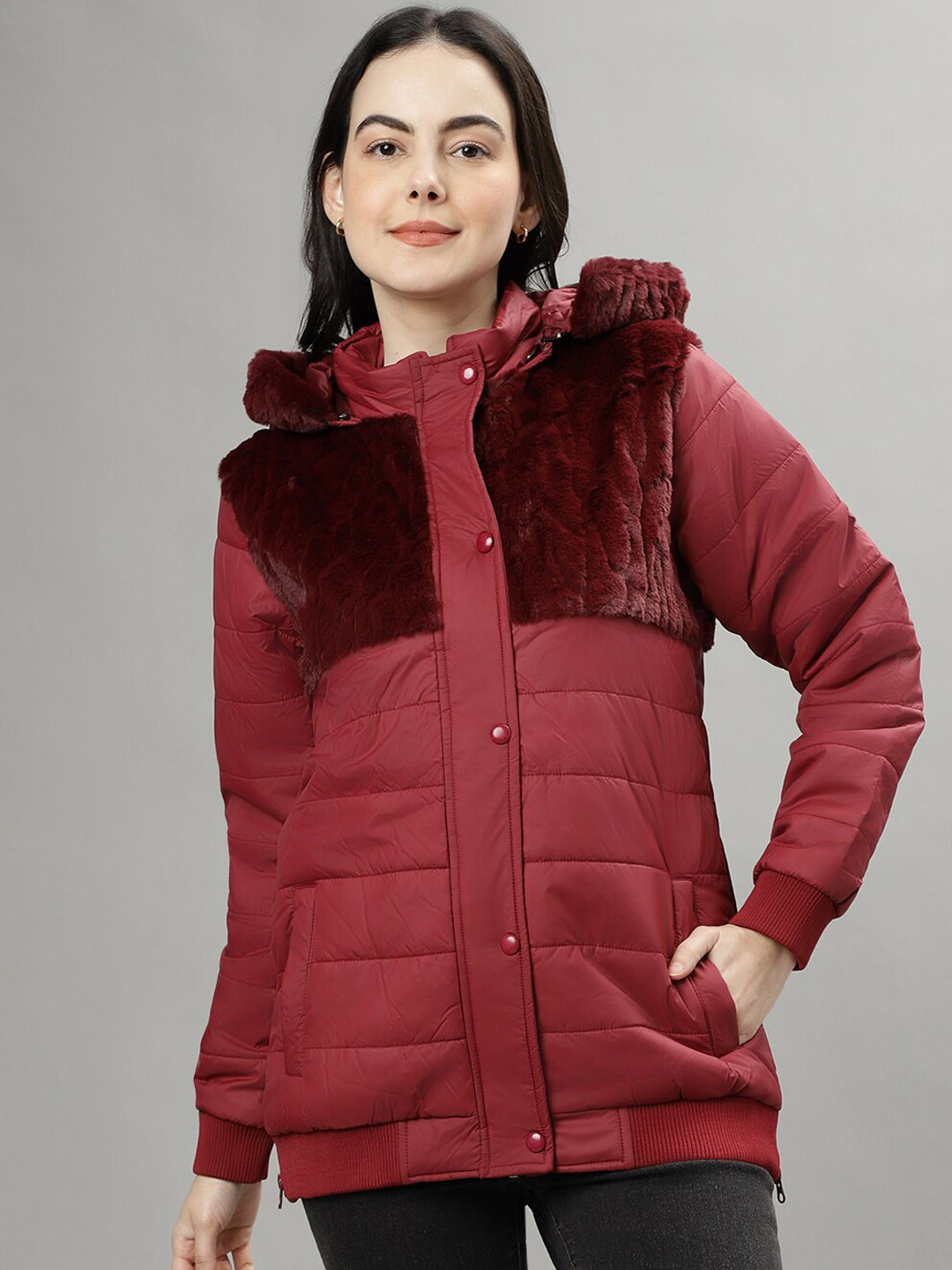 ELLE Self Design Faux Fur Trim Hooded Puffer Jacket