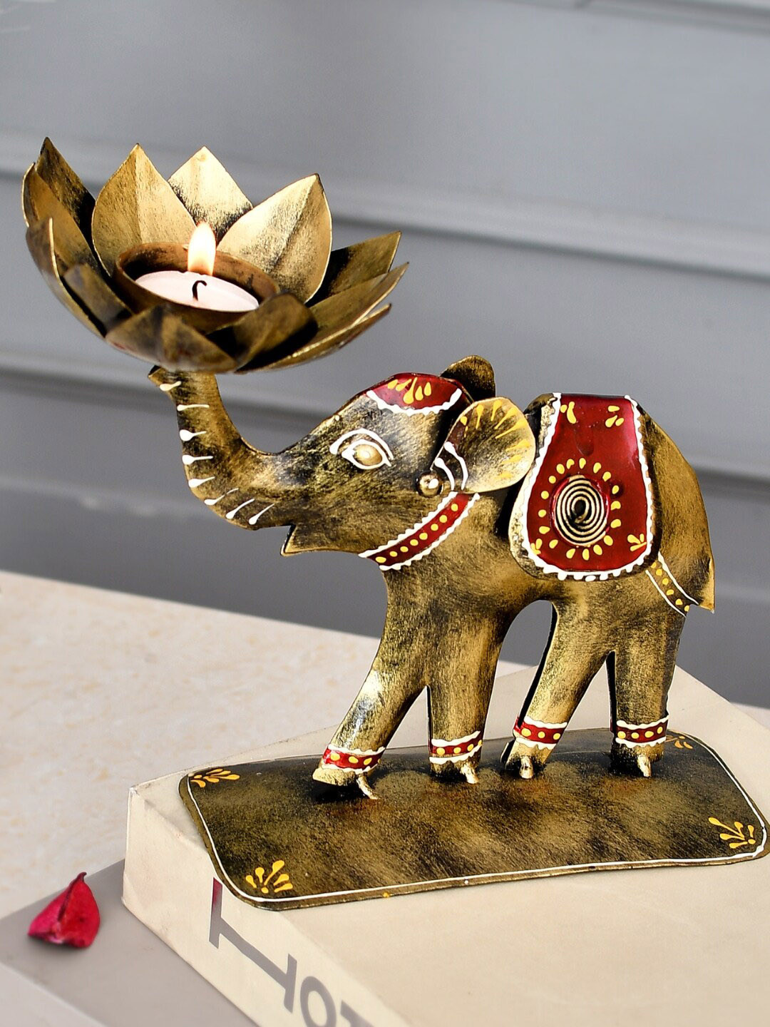 CraftVatika Elephant Tealight Candle Holder Gold Metal Metallic Living Room Small Showpiece - 8.3 Inches