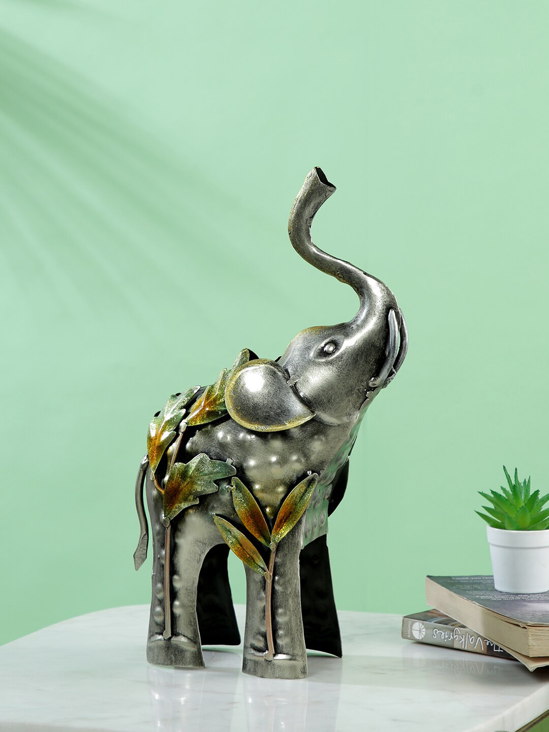 CraftVatika Elephant Green Metal Metallic Living Room Small Showpiece - 11.5 Inches