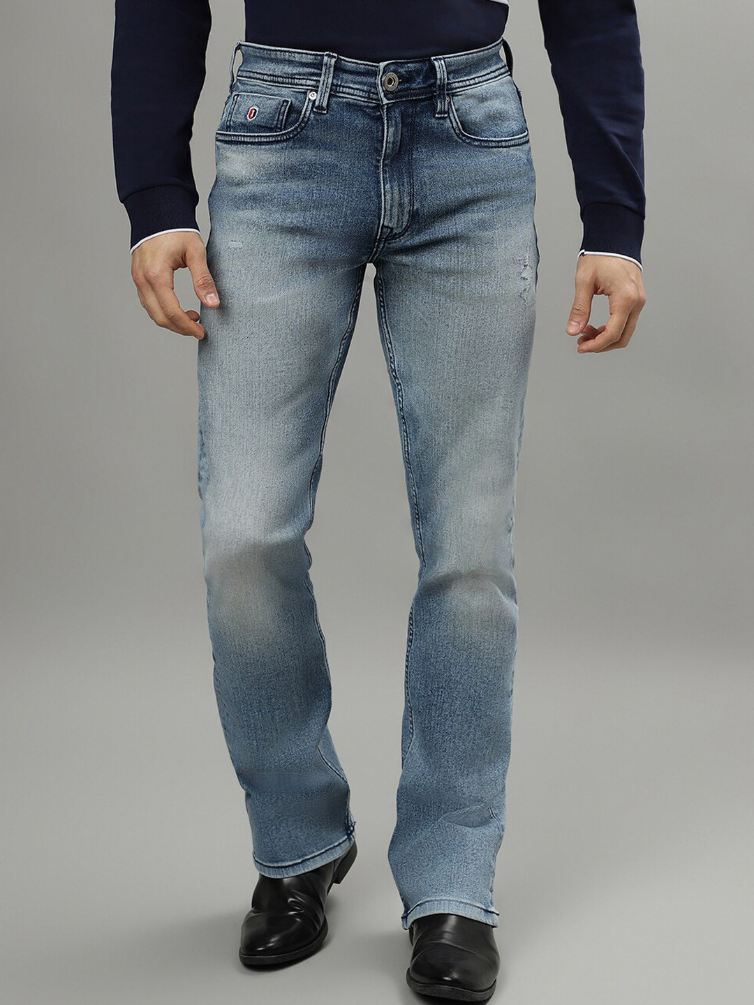 Iconic Men Washed Bootcut Clean Look Heavy Fade Stretchable Jeans