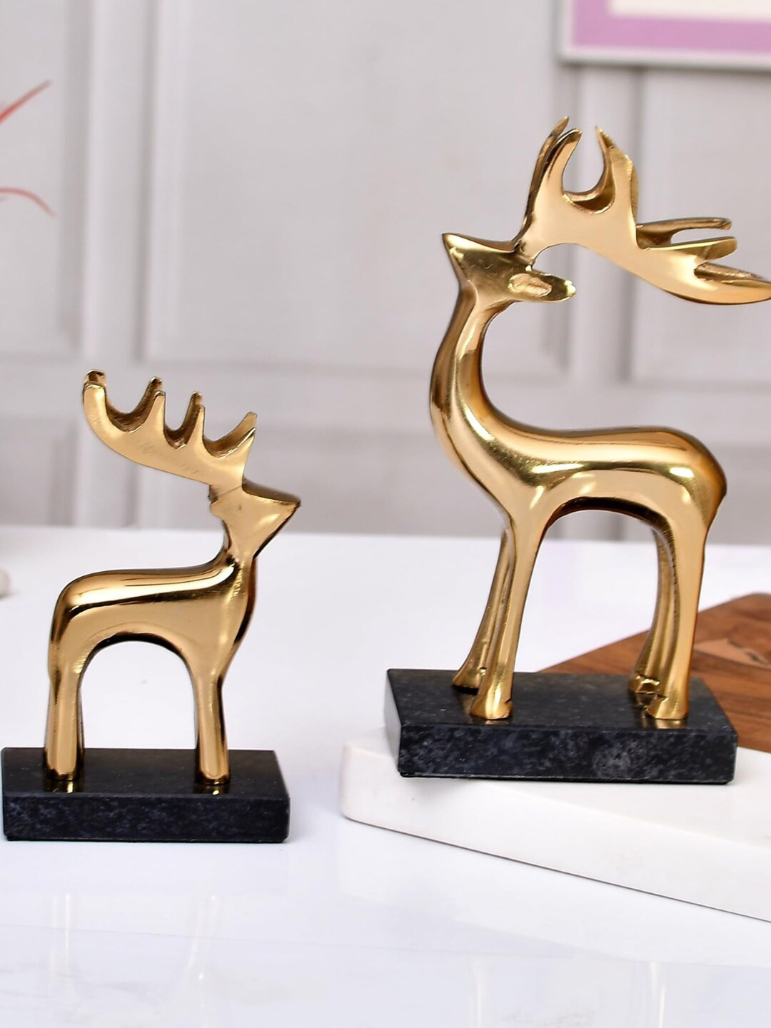 CraftVatika Reindeer Gold Metal Metallic Living Room Set of 2 Small Showpieces - 7.7 Inches