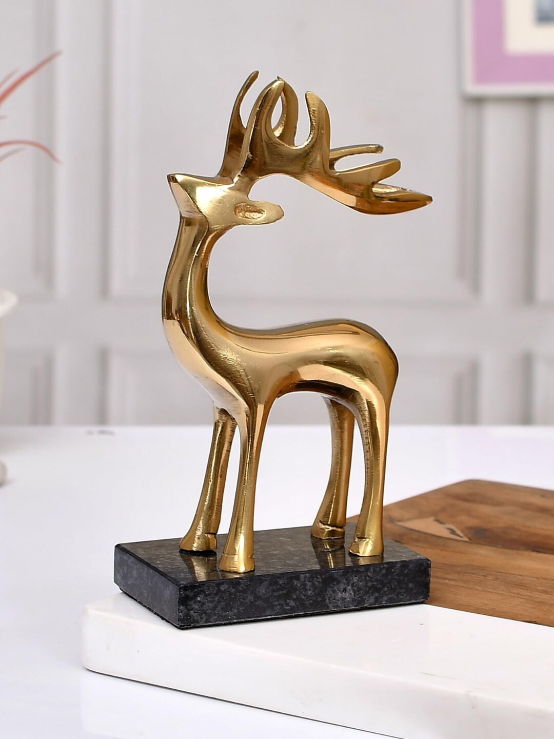 CraftVatika Reindeer Gold Metal Metallic Living Room Small Showpiece - 7.7 Inches