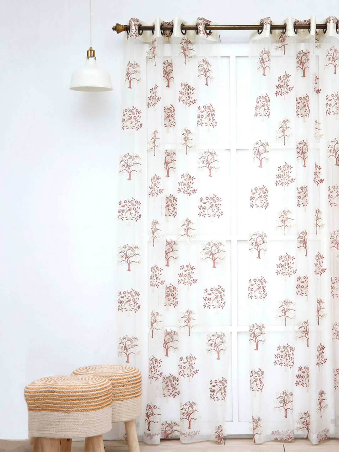 Ariana White Embroidered Tree Sheer Eyelet Door Curtain