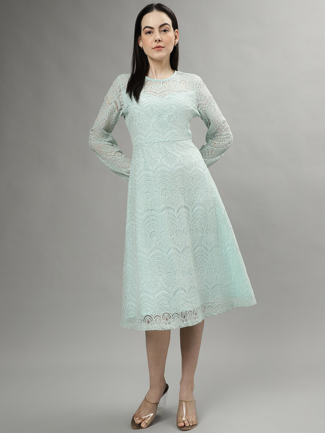 CENTRESTAGE Long Sleeves Lace Inserts A-Line Midi Dress
