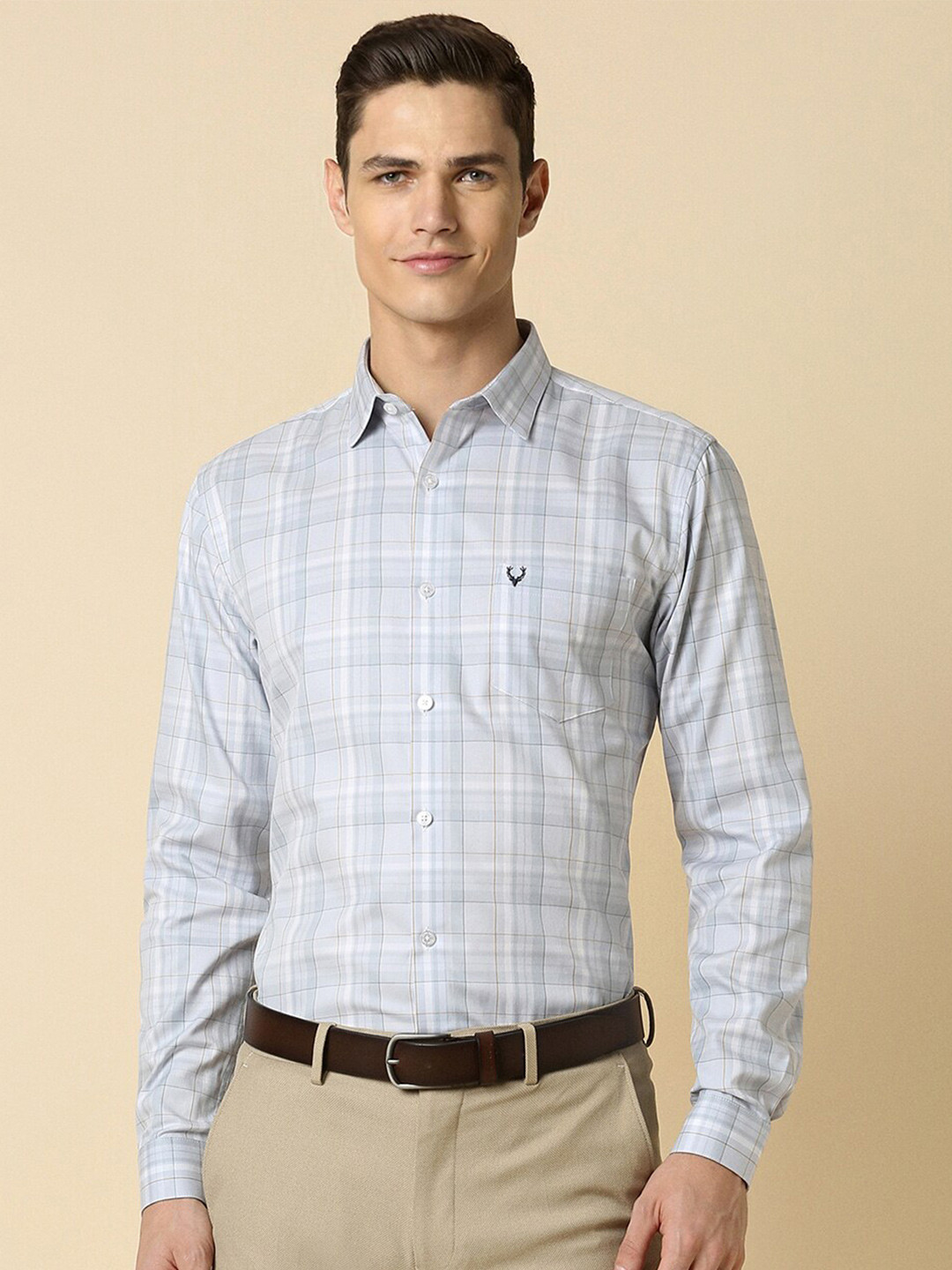 Allen Solly Tartan Checks Opaque Spread Collar Patch Pocket Curve Slim Fit Formal Shirt