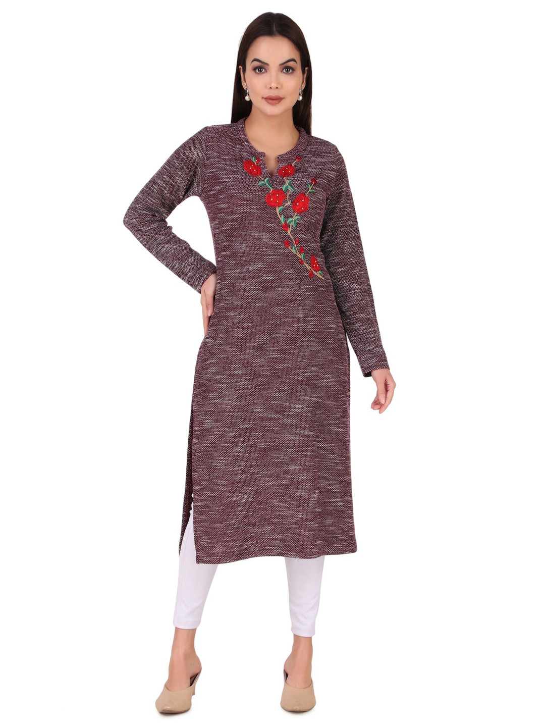 Elthia Embroidered Notch Neck Knitted Regular Straight Kurta