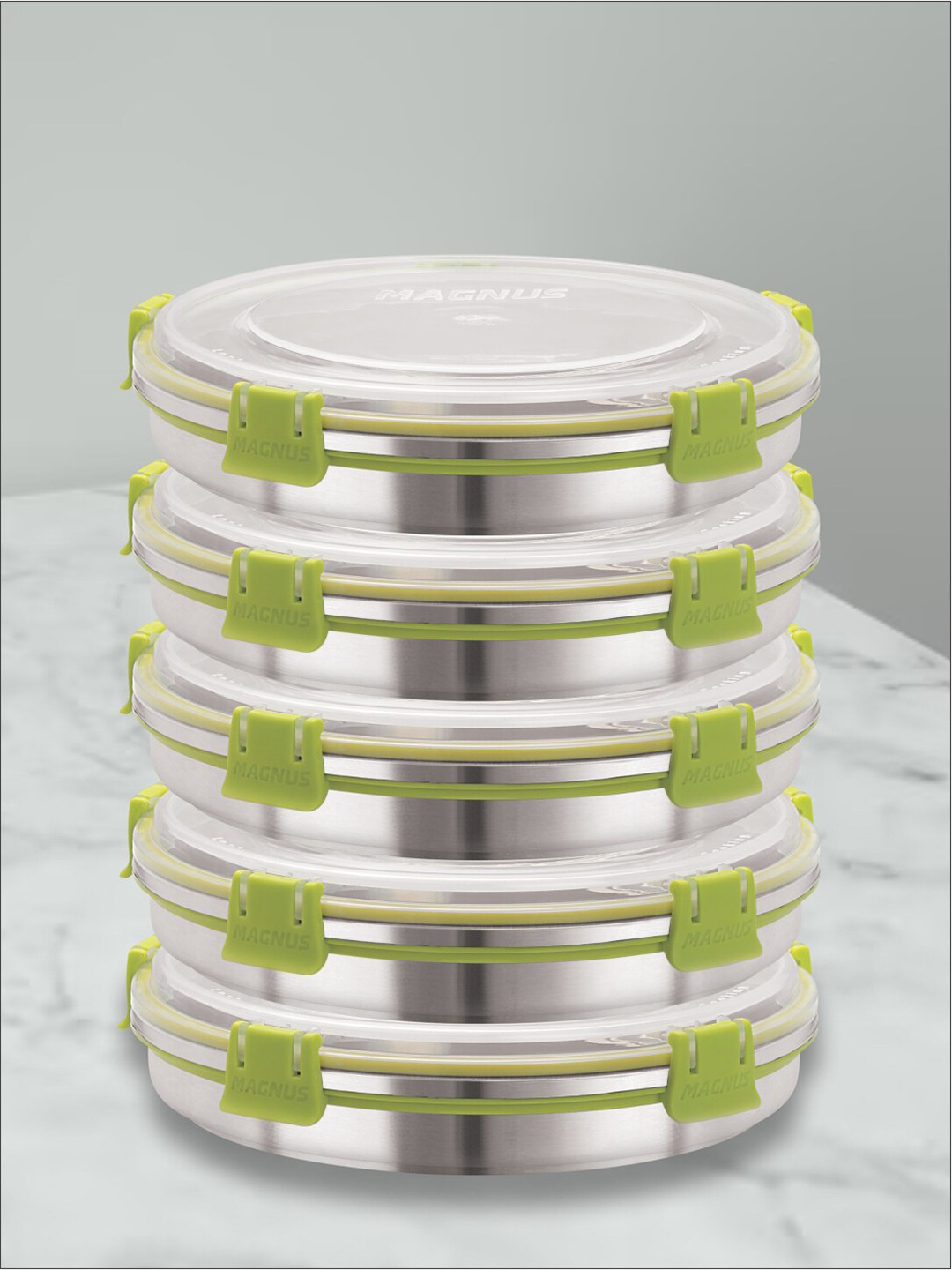 MAGNUS Green & Silver-Toned 5 Pieces Stainless Steel Airtight & Leakproof Lunch Boxes