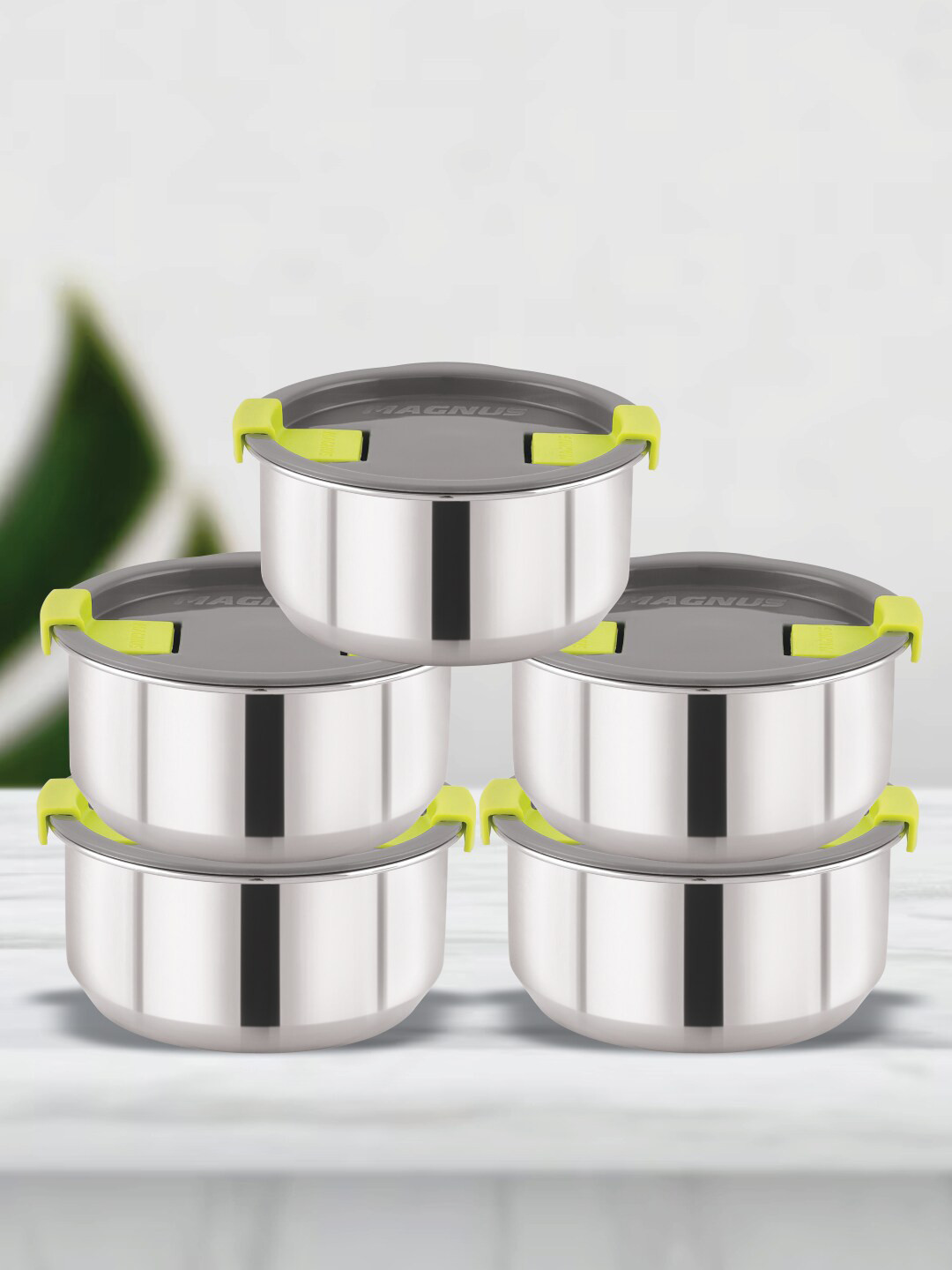 MAGNUS Grey & Silver-Toned 5 Pieces Stainless Steel Airtight & Leakproof Lunch Boxes