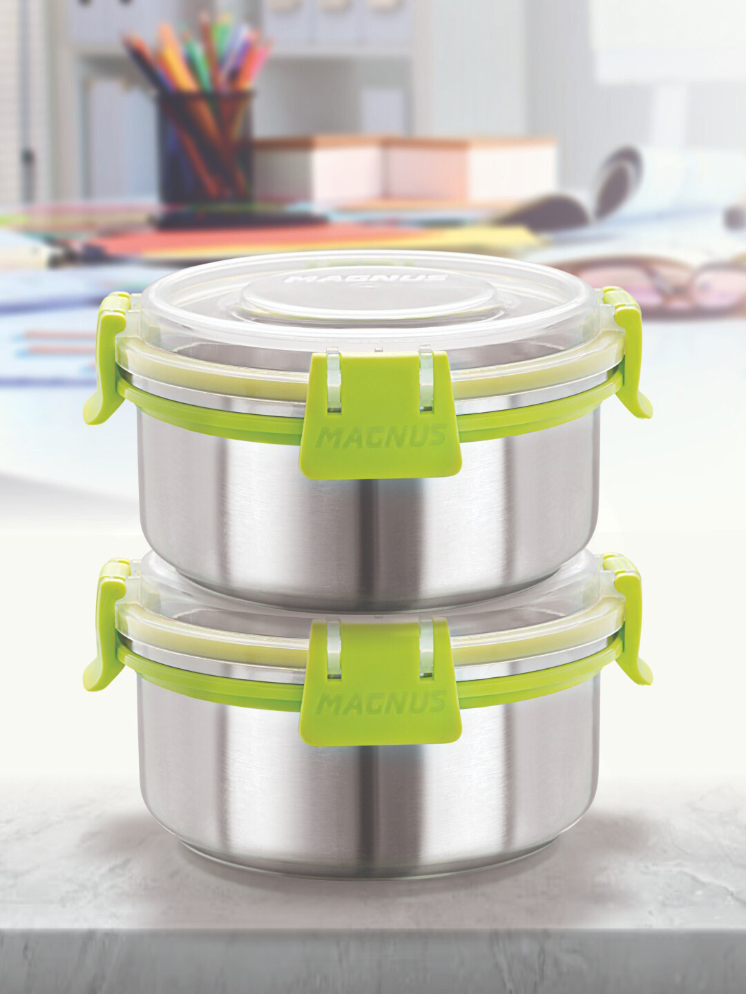 MAGNUS Airtight Leakproof Green Solid Stainless Steel 2PCs Lunch Box With Spoon and Fork