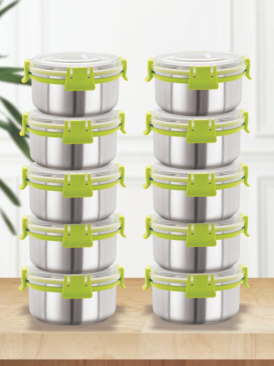 MAGNUS Airtight Leakproof Green Solid Stainless Steel 10PCs Lunch Box With Spoon and Fork