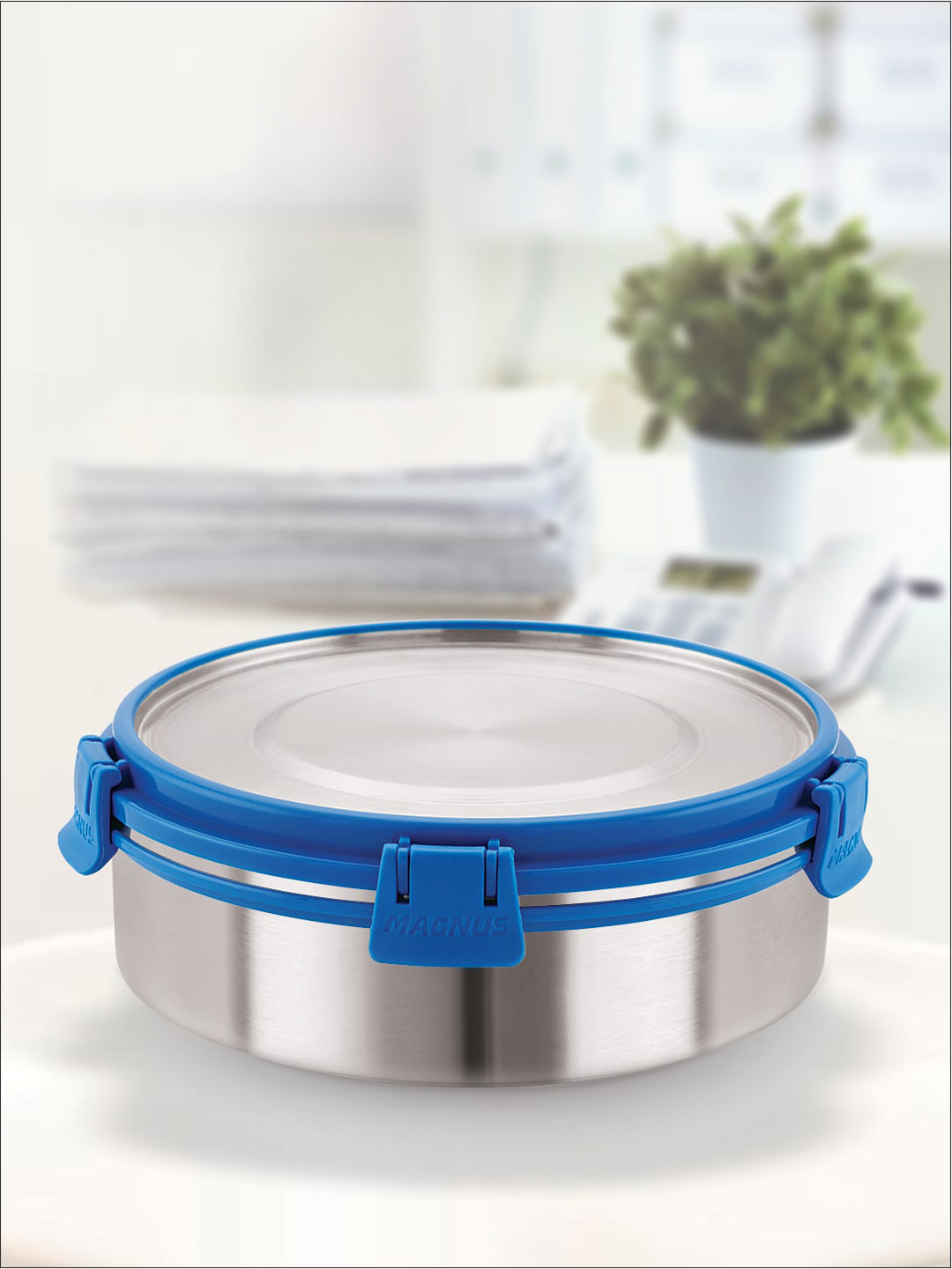 MAGNUS Airtight Leakproof Deluxe Blue Solid Stainless Steel Lunch Box With Spoon and Fork