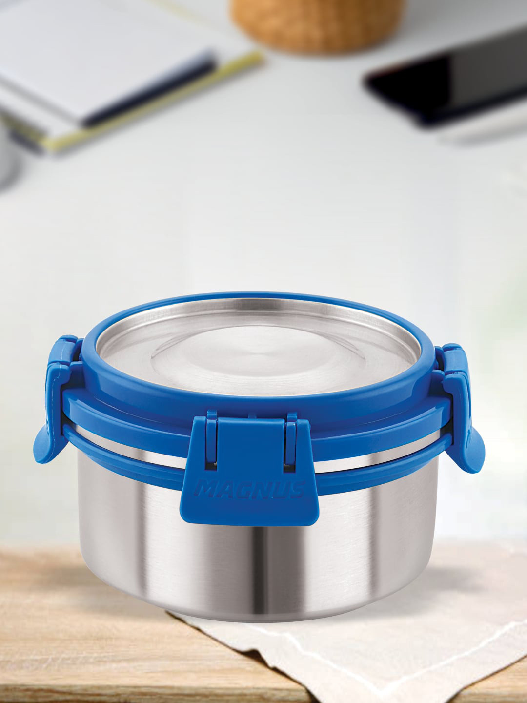 MAGNUS Airtight Leakproof Deluxe Blue Solid Stainless Steel Lunch Box With Spoon and Fork