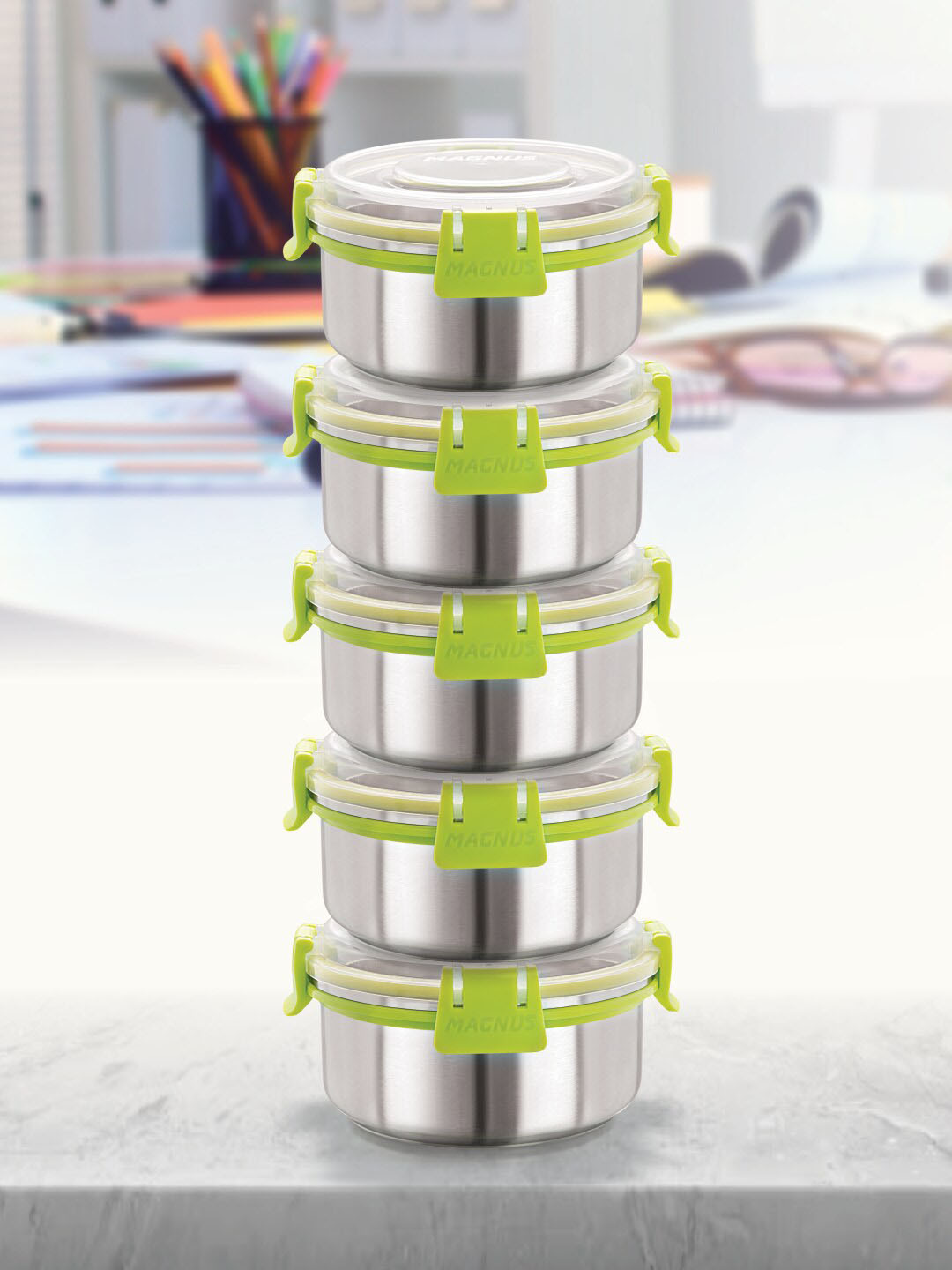 Magnus Green Stainless Steel Air Tight 5 Piece Clip-On Graduated Container-300ml