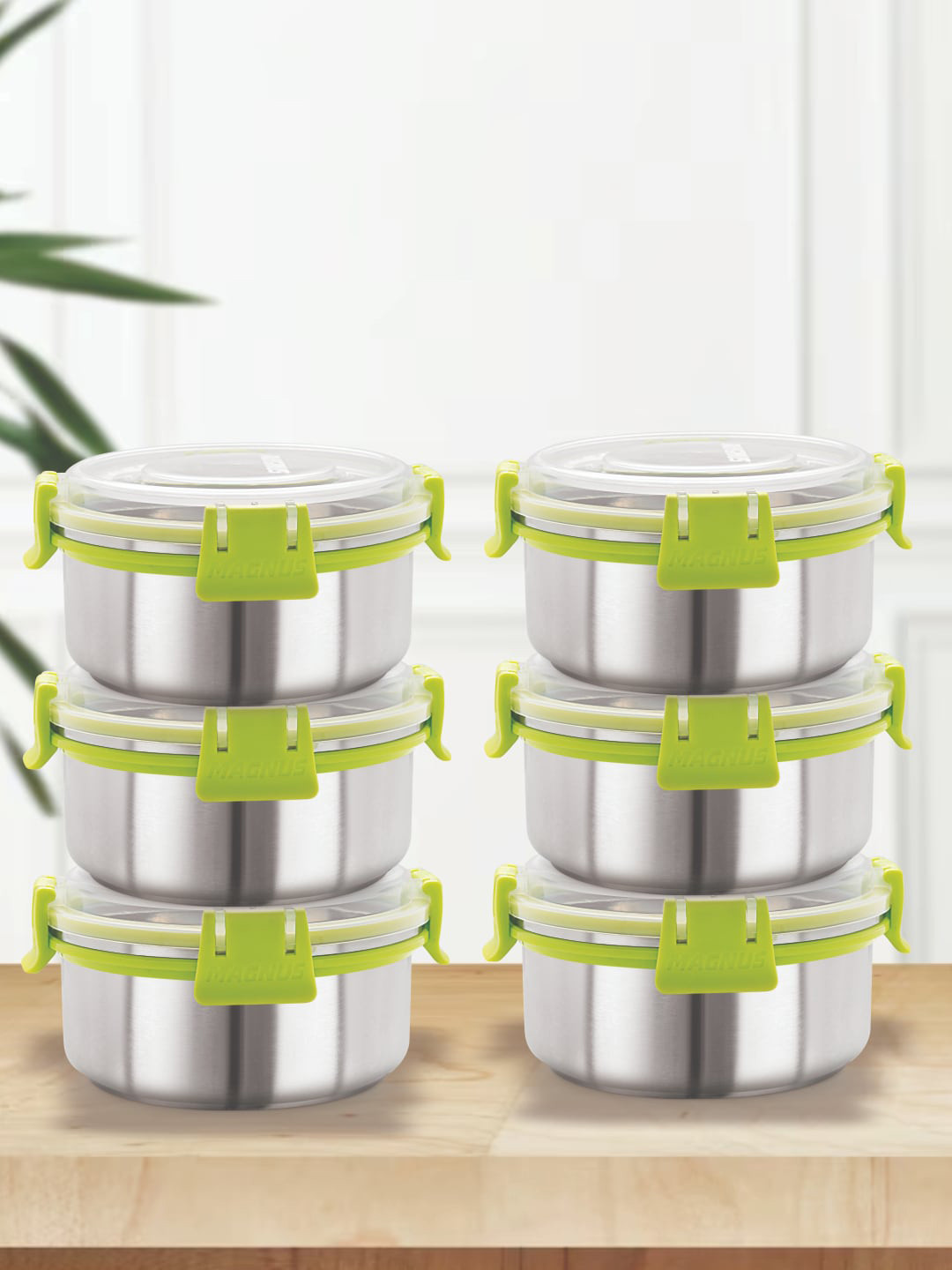 MAGNUS Airtight Leakproof Green Solid Stainless Steel 6PCs Lunch Box With Spoon and Fork
