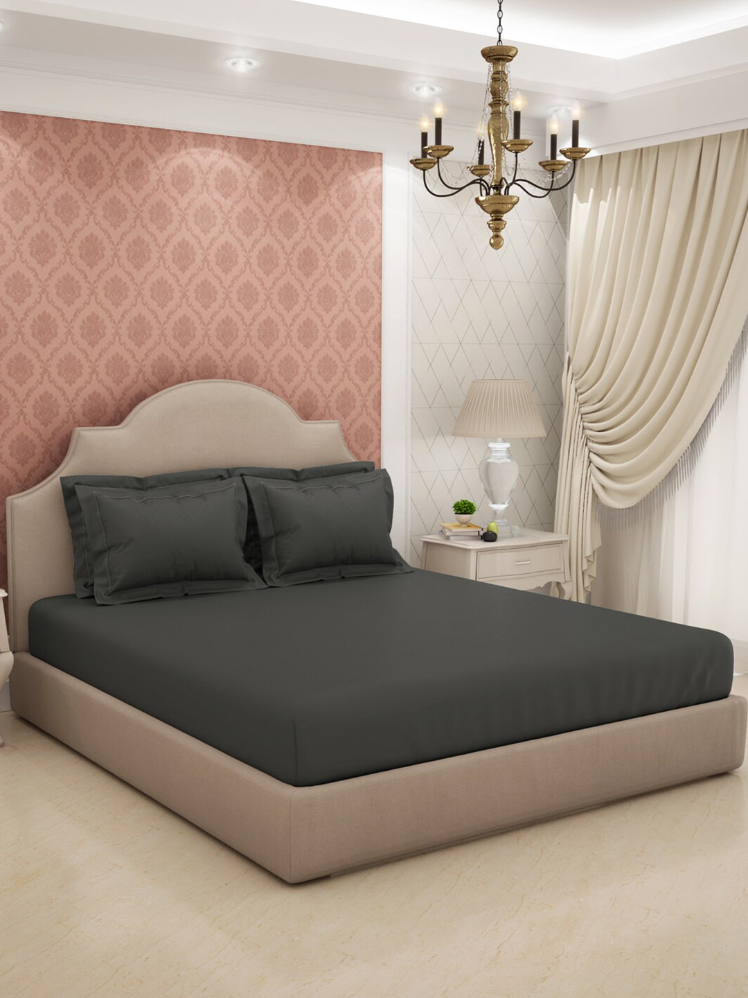 SPACES Eminence Grey Cotton 600 TC King Bedsheet with 4 Pillow Covers