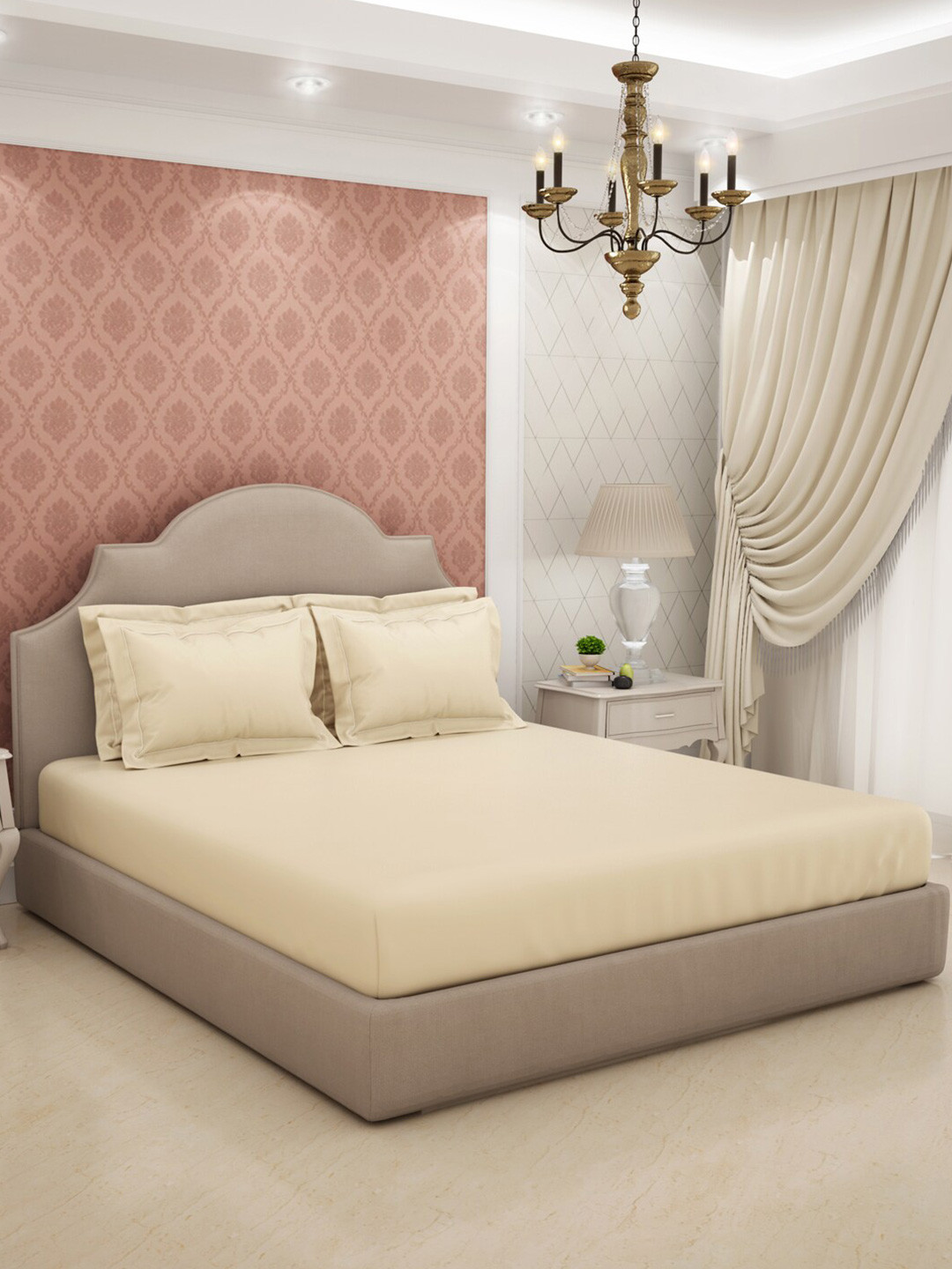 SPACES Eminence Off White Cotton 600 TC King Bedsheet with 4 Pillow Covers