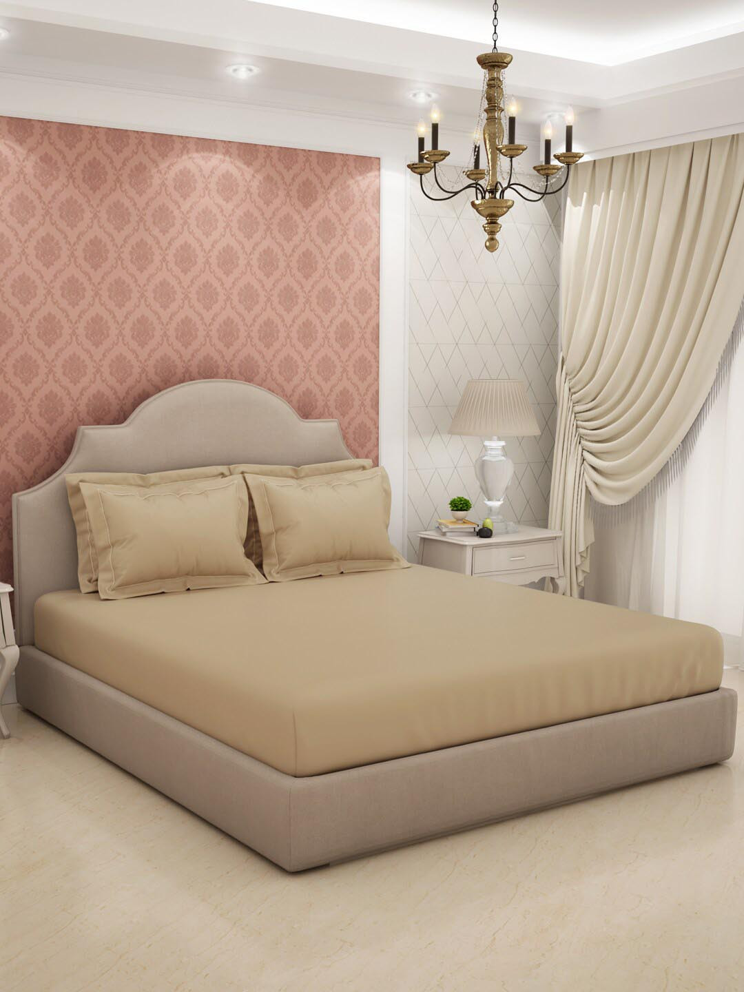 SPACES Beige Solid Pure Cotton 600 TC King Superfine Bedsheet with 4 Pillow Covers-274 x 274 cm